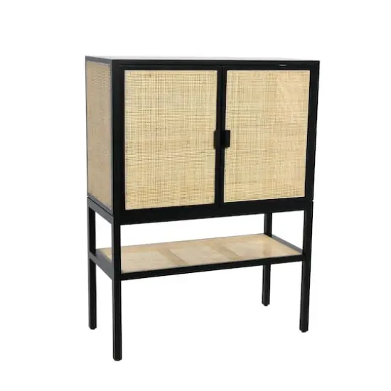 Hello Honey&reg; 47" Boho Woven Rattan and Wood Cabinet with Doors, Shelf, and Interior Storage Compartments Black and Natural {1}