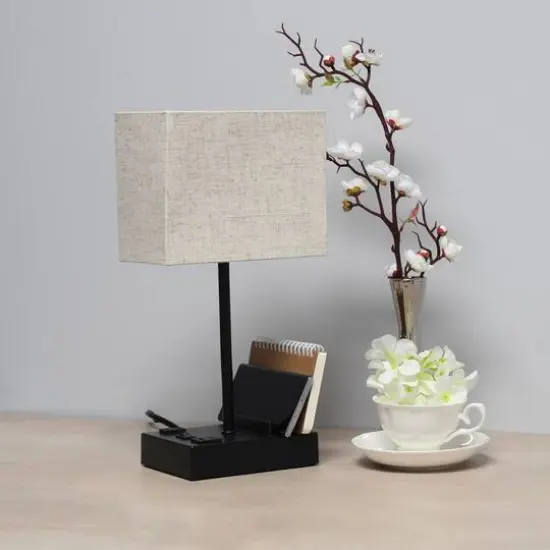 Simple Designs 15.3" Table Lamp with 2 USB Ports & Charging Outlet Black Base/Beige Shade {3}