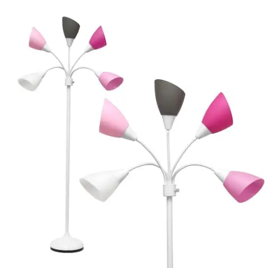 Simple Designs™ 5.6ft. 5-Light Gooseneck White Floor Lamp Pink White and Gray Shades {9}