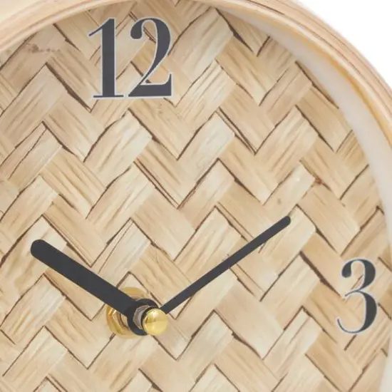 7" Light Brown Wood Woven Chevron Patterned Clock with Silver Legs {6}