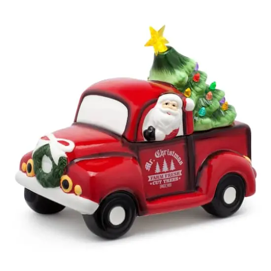Red Truck Cookie Jar with Lit Green Tree {1}