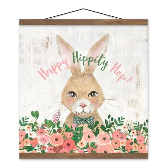 Happy Hippity Hop Bunny Teak Hanging Canvas {1}