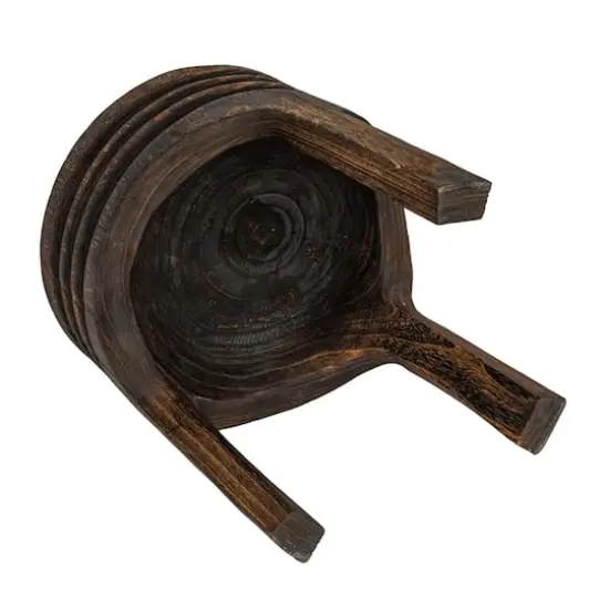 Hello Honey® 15.8" Round Paulownia Wood Carved Stool Charred Finish {5}