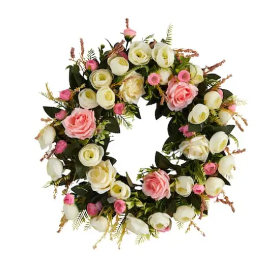 20" White & Pink Rose Wreath {1}