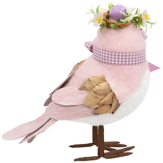 7.75" Pink Plush Bird Easter Accent with Gingham Bow {7}