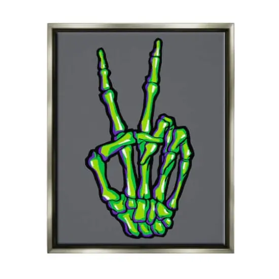Stupell Industries Green Skeleton Peace Hand Framed Floater Canvas Wall Art Gray {1}