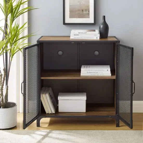 Walker Edison 30" Reclaimed Barnwood Industrial Mesh Metal Door Accent Cabinet {4}