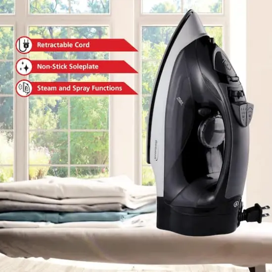 Brentwood 1,200W Nonstick Steam Iron with Retractable Cord Black {6}