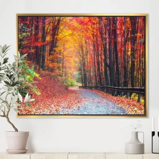 Designart - Road in Beautiful Autumn Forest - Modern Forest Framed Canvas Art Gold {4}