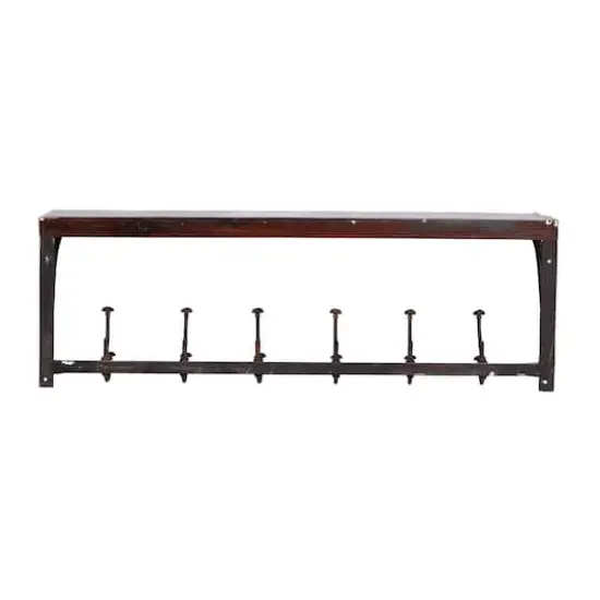 Brown Wood Industrial Wall Hooks with Shelf {7}