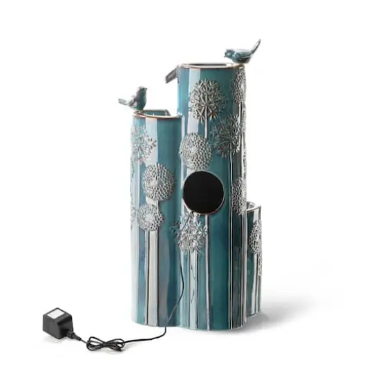 Glitzhome&reg; 31.75" Turquoise 4-Tier Dandelion Texture Vase-Shaped Ceramic Outdoor Fountain with LED Light {8}