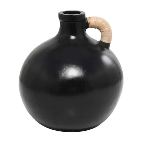 13" Black Ceramic Jug Inspired Vase with Rattan Wrapped Handle {1}