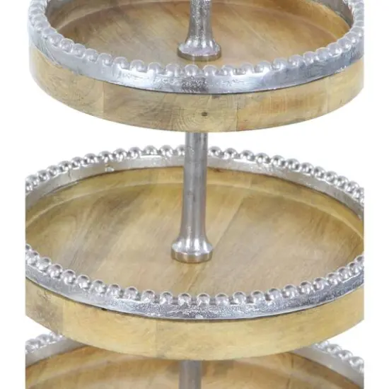 25" Brown Wood& Aluminum 3-Tier Tray Stand {3}