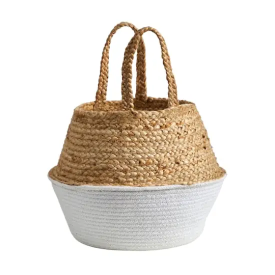 12" Boho Chic Handmade Cotton & Jute White Woven Basket Planter {4}