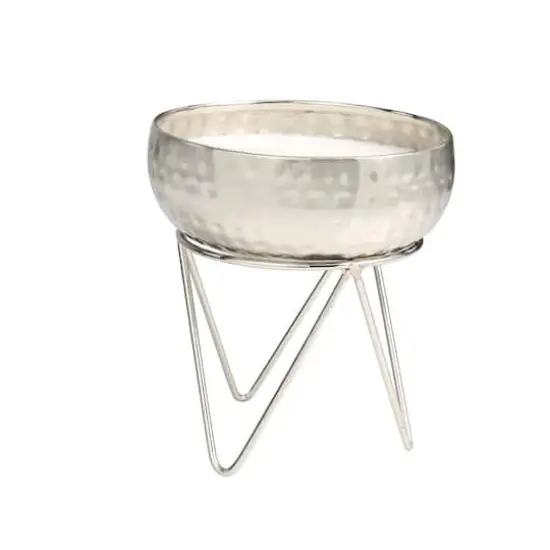 White Wax Campfire Scented Candle with Hammered Silver Container and Tripod Stand {3}