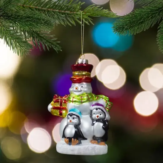 Snowman with Penguins Christmas Glass Ornament  {3}