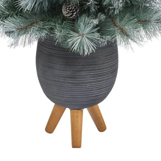 3.5ft. Pre-Lit Frosted Tip British Columbia Mountain Pine Artificial Christmas Tree in Gray Tripod Planter, Clear Lights {6}