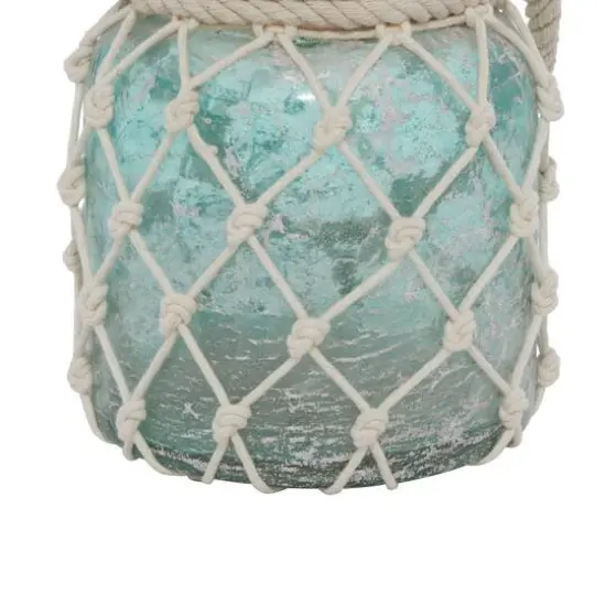 Aquamarine Glass Coastal Candle Holder Lantern, 15" x 7" x 7" {5}