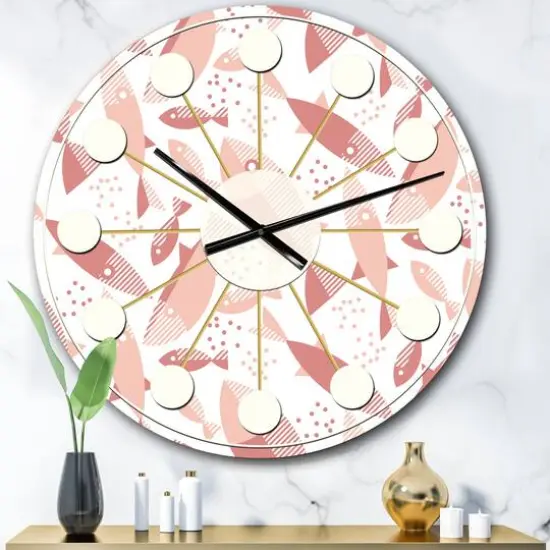 Designart 'Pink Fishes Pattern Mid-Century Modern Wall Clock {1}