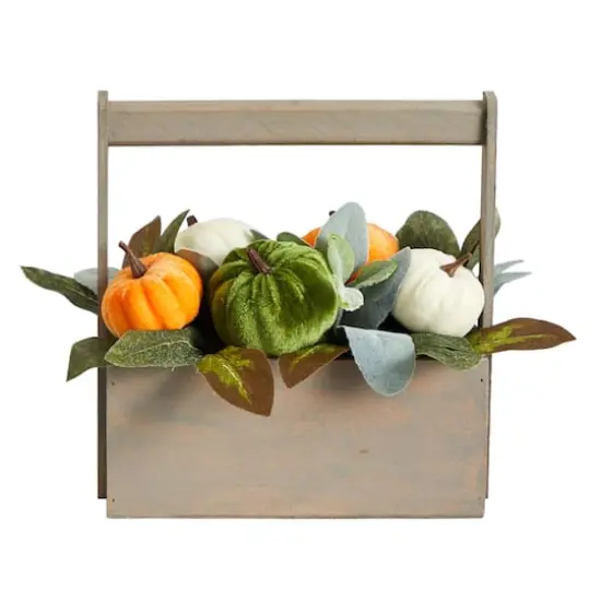 10" Pumpkin Autumn Arrangement In Wood Basket {1}