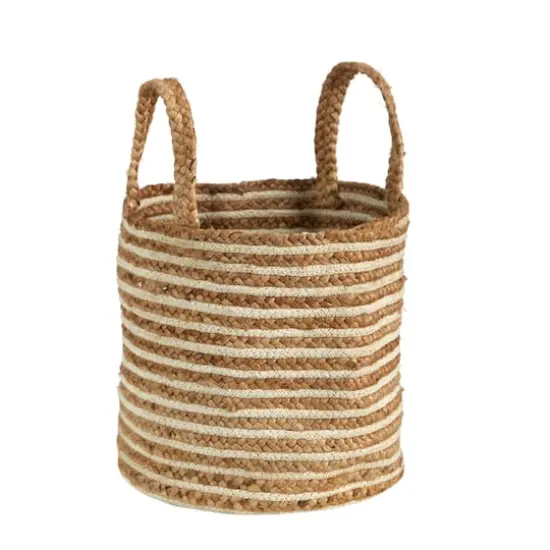 14'' Handwoven Stripe Natural Cotton and Jute Boho Chic Basket Planter {6}