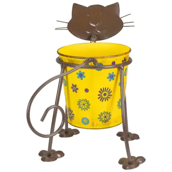 9" Yellow Floral Metal Cat Garden Planter {6}