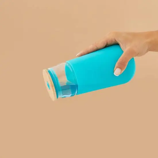 JoyJolt&reg; 20oz. Glass Tumbler with Straws & Silicone Sleeve Aqua {6}