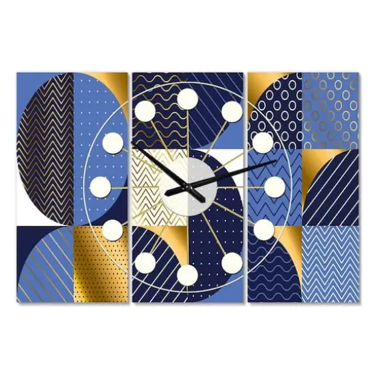 Designart Retro Luxury Waves in Gold & Blue IV Mid-Century Modern Multipanel Wall Clock {1}
