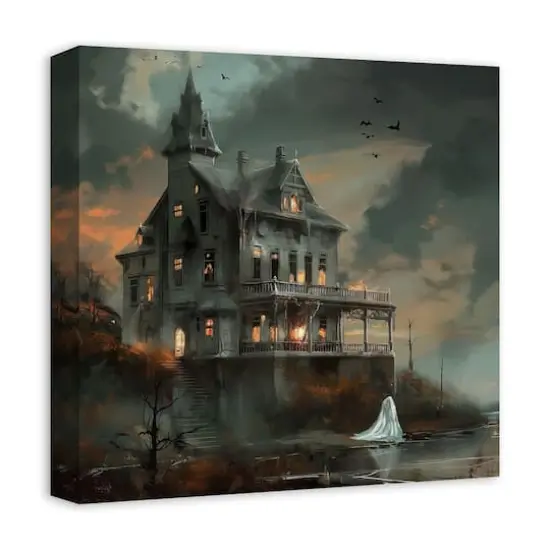 Haunted Lakeside Mansion 16" x 16" Canvas Wall Art {3}