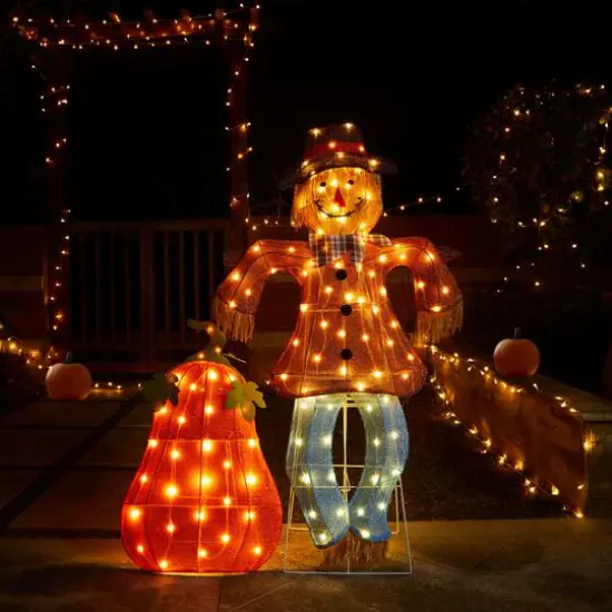 Glitzhome&reg; Lighted Fall Scarecrow & Pumpkin Outdoor Decor with Warm White LED Lights Set {4}