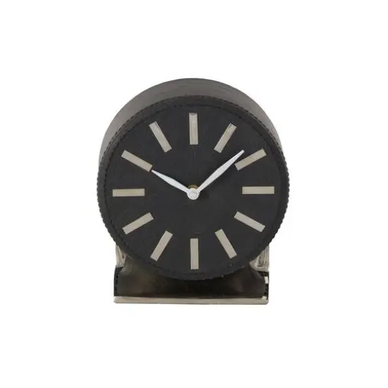 Faux Leather Round Decorative Clock with Rectangular Base Black/Silver {3}