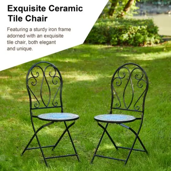 Glitzhome&reg; 36.5" Green Outdoor Metal Folding Bistro Chairs with Ceramic Tiles Seat, 2ct. {4}