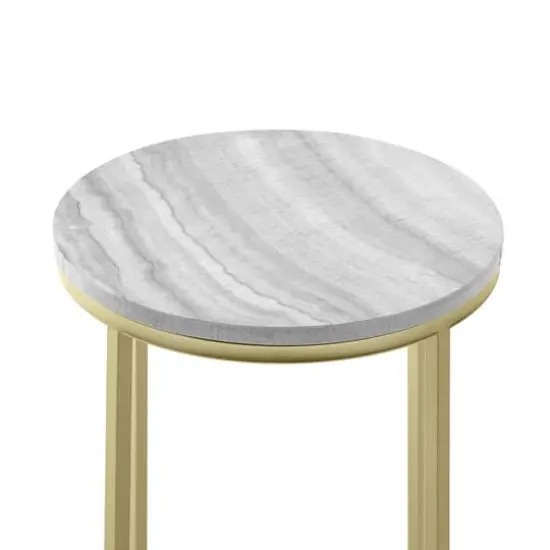 Walker Edison 16" Faux Stone Round Glam Side Table Faux Gray Marble/Gold {8}