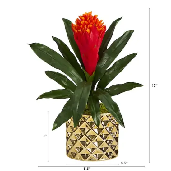 15" Bromeliad Plant in Gold Planter {3}