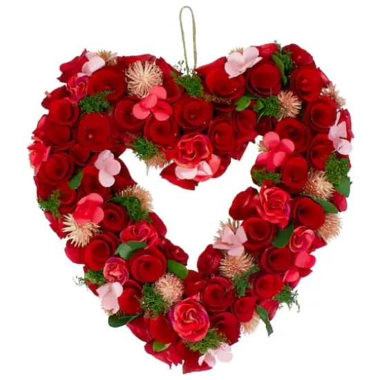 Red Wooden Rose Floral Heart Shaped Artificial Valentine's Day Wreath 10" {1}