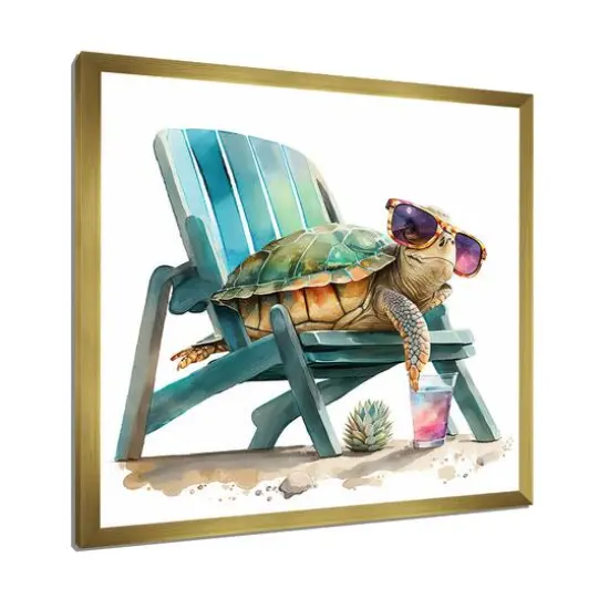 Designart 'Turtle Laying On A Beach Chair With Sunglasses I' Animals Framed Canvas Wall Art Thick Gold {3}