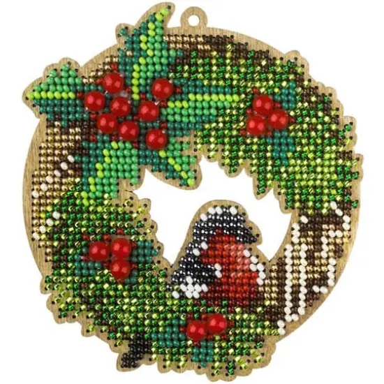 Wonderland Crafts Holly Wreath Ornament Bead Embroidery on Wood Kit {1}