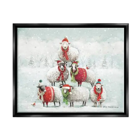 Stupell Industries Winter Sheep Snowy Farm Animals Framed Floater Canvas Wall Art Black {1}