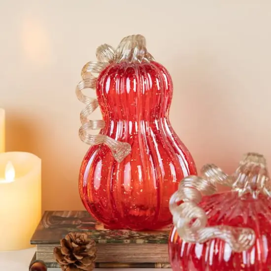 Glitzhome&reg; 8.5" Fall Red Glass Gourd with Glitter {4}