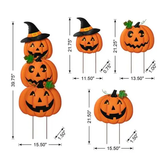 Glitzhome&reg; 3.3ft. Halloween Lighted Metal Stacked Jack-O-Lantern Yard Stake Set {9}