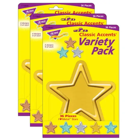 Trend Enterprises&reg; I Heart Metal Stars Classic Accents&reg; Variety Pack, 3 Packs of 36 {1}