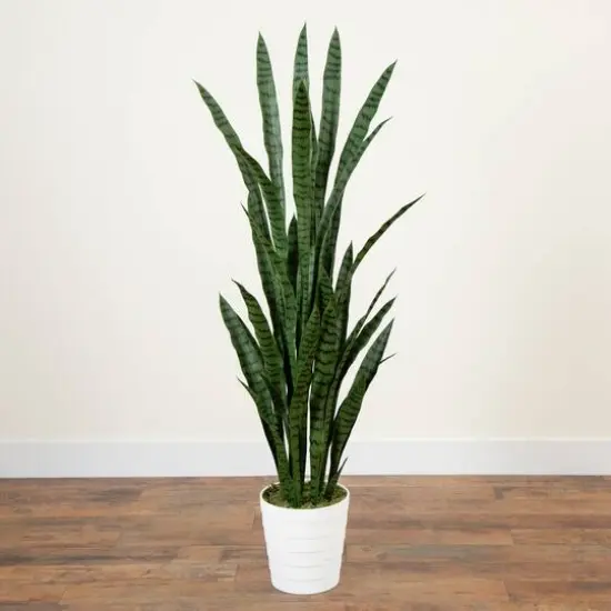5ft. UV Resistant Artificial Snake Plant in White Decorative Planter {3}