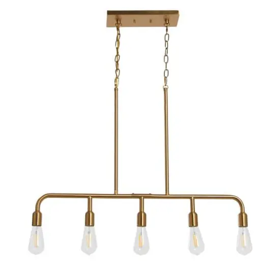 Hello Honey® Robert Stevenson Lighting Benson Exposed Bulb Metal 5-Light Linear Chandelier Brushed Gold {9}