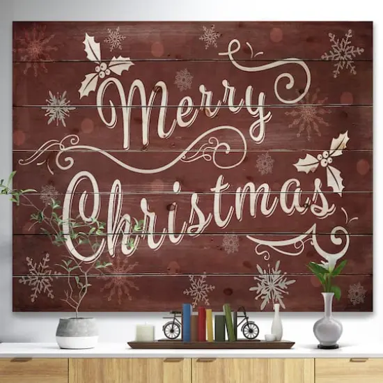 Designart Merry Christmas on Red Print on Natural Pine Wood {4}