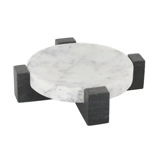 8.25" White Marble Round Tray with Black X-Shaped Base {4}
