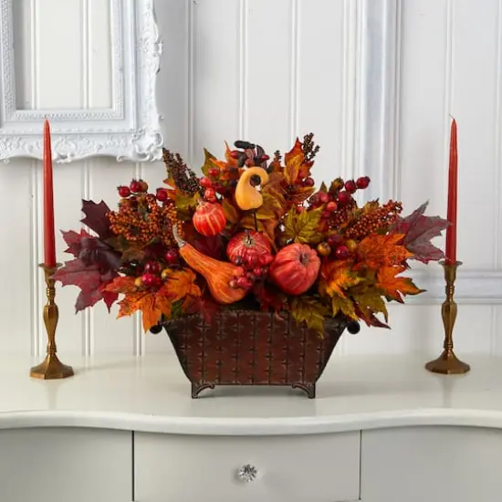 2ft. Pumpkin, Maple Leaf, Berries Arrangement in Metal Vase {4}