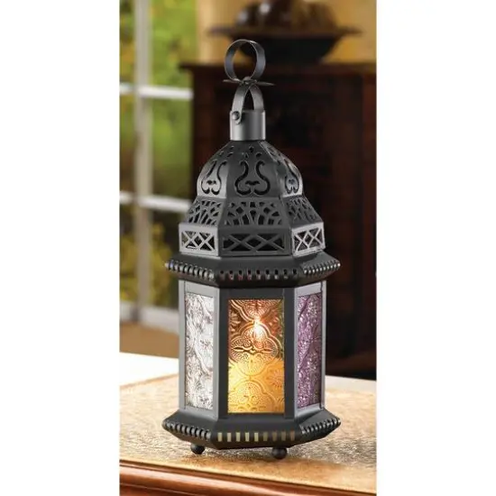 10.25" Rainbow Moroccan Style Hanging Candle Lantern {5}