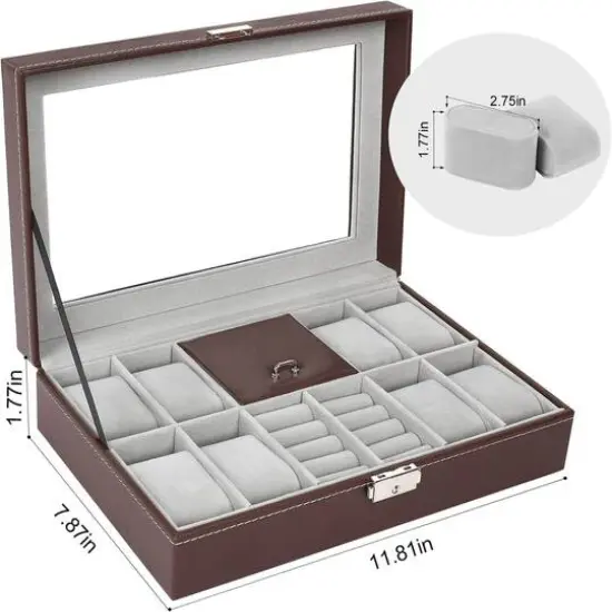 NEX&trade; 12" 8-Slot Brown Lockable Artificial Leather Watch Case Organizer {3}
