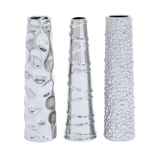 12" Silver Ceramic Abstract Glam Vase Set {1}
