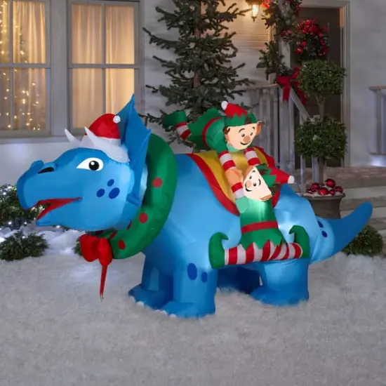 Airblown&reg; 8.5ft. Christmas Inflatable Triceratops with Elves  {3}